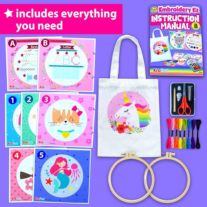 KRAFUN My First Embroidery Kit for Kids & Teens Age 8+ | 8 Projects