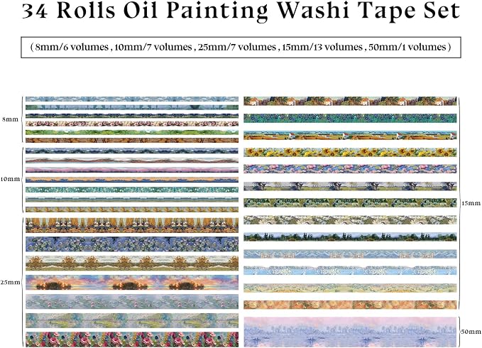 Bomichi 34 Rolls Oil Painting Aesthetic Washi Tape Set