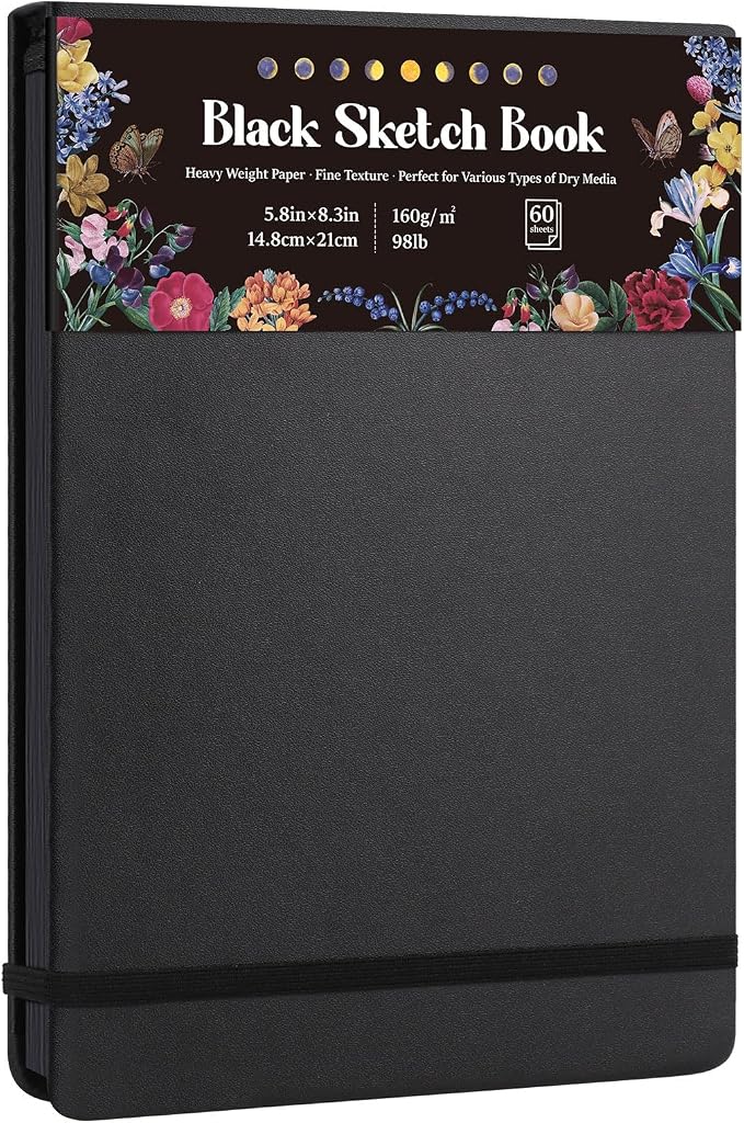 160gsm Black Paper Sketchbook 5.8 × 8.3 in, 50 Sheets Black Paper Notebook