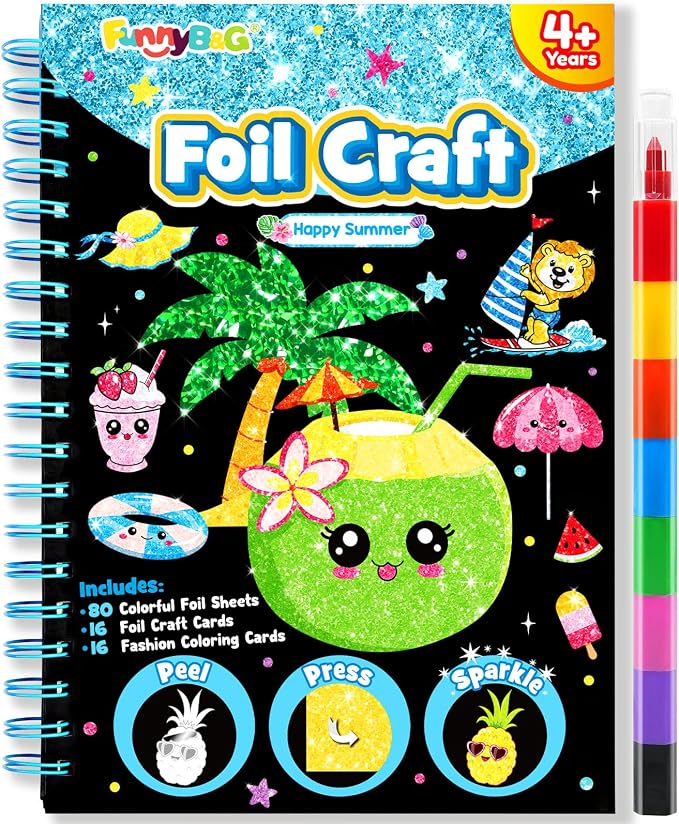 FUNNYB&G Foil Art Craft Kit for Kids, Sparkly Birthday Gift Toy for Kids | No Mess, Kids Ages 4-10 Create Sparkling Artwork, A Creative Gift for Birthdays, Holidays, Travel Activities,Screen-Free Fun