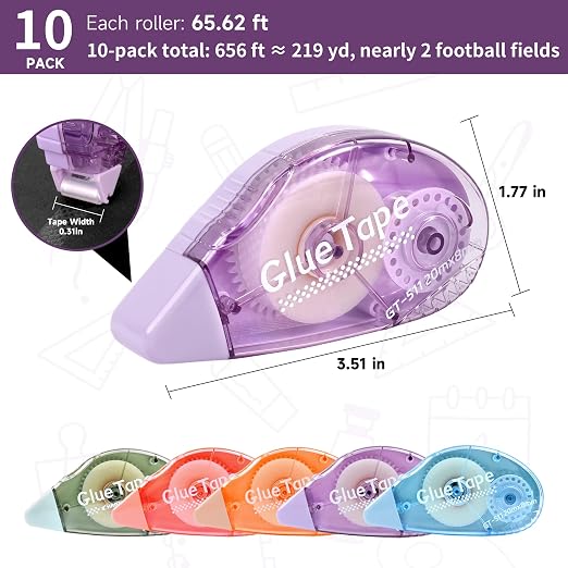 Upgrade 3X Longer Glue Tape, 10-Pack Total 219 Yards, Photo-Safe Acid-Free Double Sided Tape for Crafts, Scrapbook and Junk Journal Supplies (0.31 in × 65.62 ft, Multicolor)