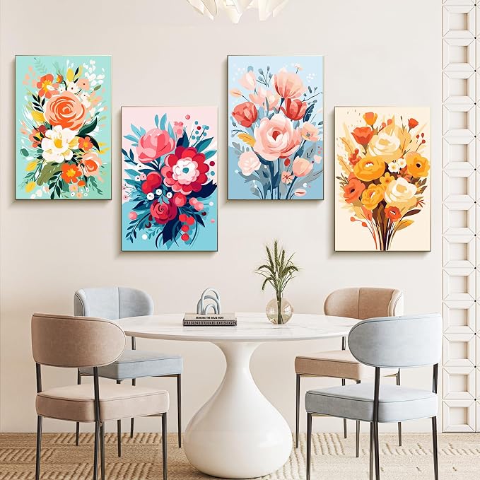 4 Pack Framed Paint by Numbers Kit for Adults with Wooden Easel, 8x12 Inch | Easy Flowers, DIY Acrylic Canvas Craft Kit with Frame for Beginners, Home Decor, Stress Relief Relaxing Hobby Gift