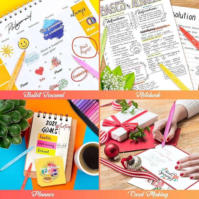 Soucolor 72 Dual Brush Markers Adult Coloring Books,Fine &Brush Double Pens | 72 Vibrant Water-Based Colors,No Smudge, DIY Color Card,4 Coloring Sheets and Portable Case Lettering, & journaling.