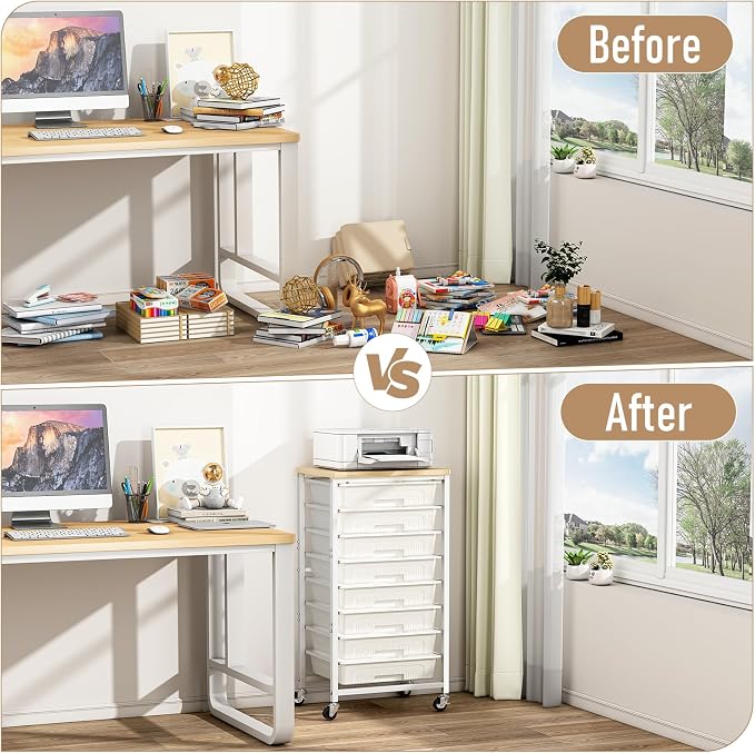 caktraie 8-Drawers Rolling Cart, Craft Storage Utility Cart, Beige White