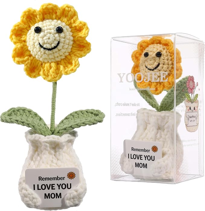 Crochet Sunflower Gift for Mom from Daughter Son, “I Love You Mom” Handmade Flower, Cute Desk Decor, Appreciation Ready-to-Gift with Box