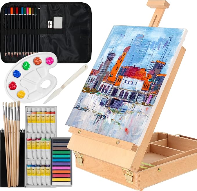 Kuyal Art Kit, 45 Piece Wooden Paint Set Crafts Drawing Painting Kit with Box Easel and 18 Acrylic Oil Paint Colors, 12 Color Pencil Etc. for Teens Adults Artist, Art Supplies | Artist Pastels, Painting Brushes, Palette Knife, Pencil, A5 Sketch Book , ...