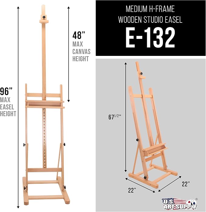 U.S. Art Supply Medium Wooden Studio H Frame Easel with Storage Tray