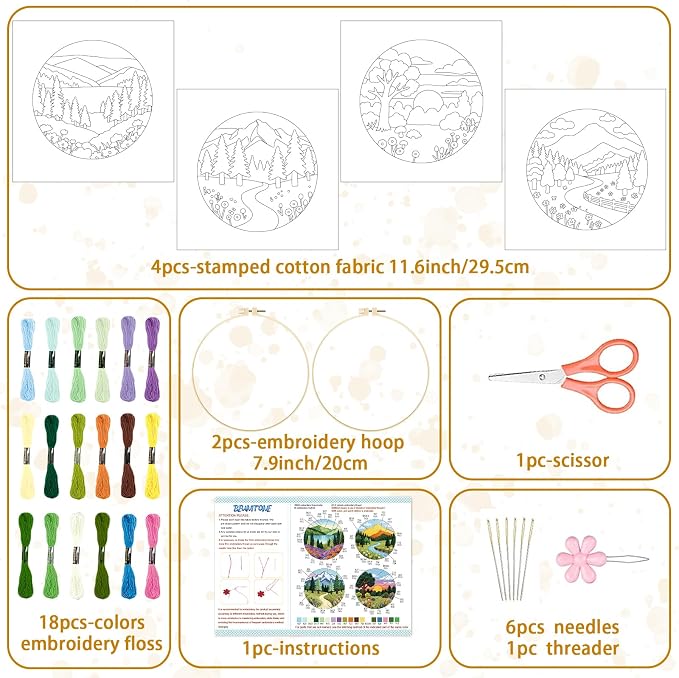 BEUNITONE 4 Set Forest Pattern Embroidery Kit for Adult Beginners Scenery Pre-Printed Designs Cross Stitch Kits, Needlepoint Kits for Adults, Handmade Embroidery for Home Decor 20x20cm