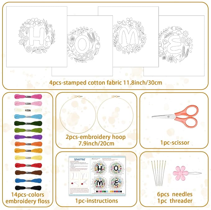 BEUNITONE 4 Set Embroidery Kit for Beginners, DIY Home Theme Pre-Stamped Pattern Needlepoint Kits for Adults with Hoop and Instruction, Funny Hand Embroidery Patterns for Cloth and Home Decor