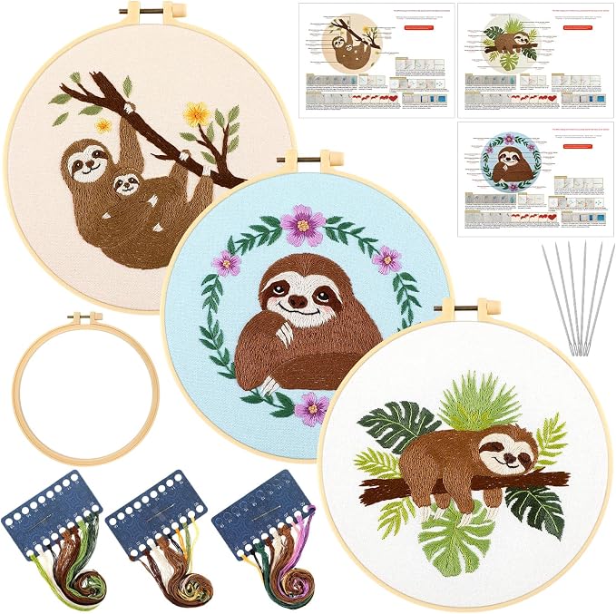 Mindsoft 3 Set Needlepoint Kit for Beginners with Hoop,Sloth | Bamboo Hoop Thread Needles Instructions, Easy Hand Embroidery for Beginners Home Crafts,Pre-stamped Funny Cute Designs