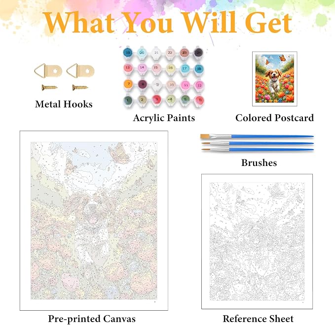 Paint by Numbers Kit for Adults, Happy Puppy & Tulip Design, 16x20 Inch