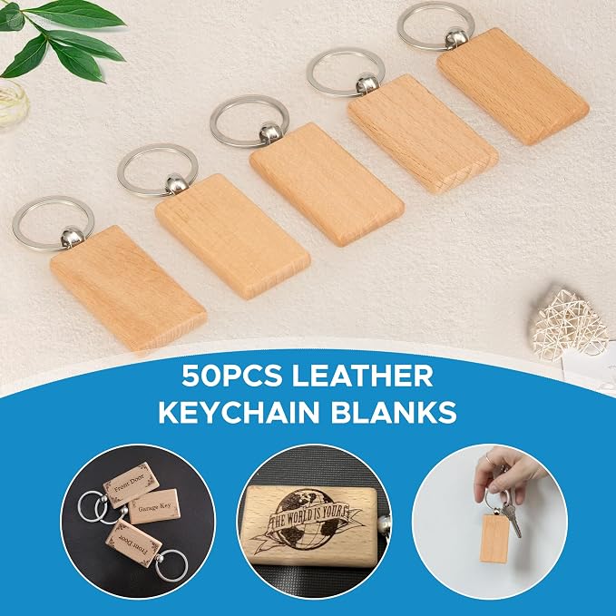 OMTech Wooden Keychain Blanks, Wood Key Chain Bulk, Unfinished Wooden Key Rings Key Tags for Laser Engraving DIY Craft Gift
