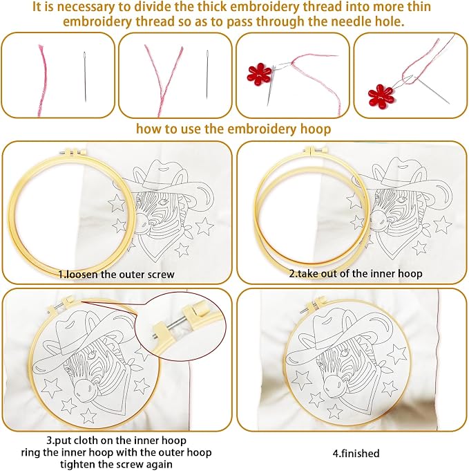 BEUNITONE 4 Set Embroidery Kit for Beginners, Animal Cowboy Patterns Cross Stitch Kits, Needlepoint Kits for Adults with Hoop, Cute Hand Embroidery Patterns for Cloth and Home Decor