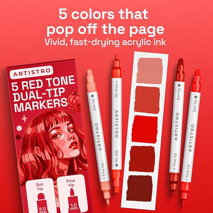 ARTISTRO Red Tones Dual-Tip Acrylic Paint Marker Pens - Set of 5 | For Fabric, Rock, Glass, Wood, & Coloring Books, Arts & Crafts Gift, Classroom Must Haves & School Supplies (Dot & Fine Tips)