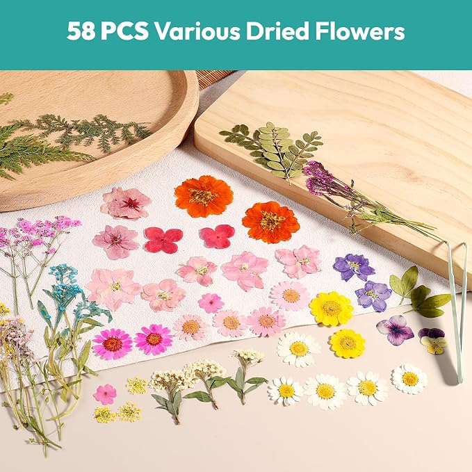 Dried Flowers, Resiners 58Pcs Pressed Flowers for Craft | Natural Dried Flowers Dry Leaves Kit for DIY Making Crafts Resin Soap Candle Scrapbook Supplies Card Making Jewelry