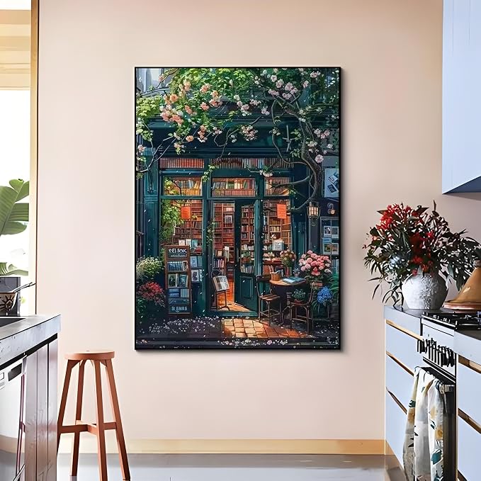 OJTOYART Paint by Numbers Kit for Adults,Bookstore Painting by Numbers for Beginner, DIY Acrylic Watercolor Oil Colorful Painting by Number Without Frame for Home Wall Decor 16 x 20 inch