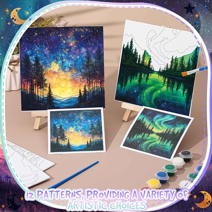 Tenceur 12 Sets Pre Drawn Canvas to Paint Adult Stretched Coloring Painting Canvas Panels with Design Easel and Brushes for Party Supplies Beginner Favor(Starry Aurora)