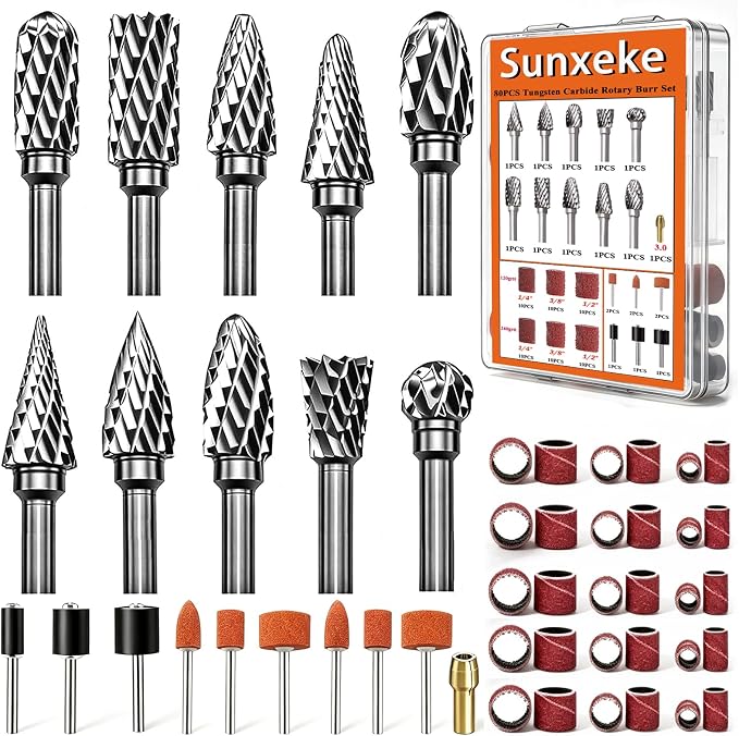 80PCS Tungsten Carbide Rotary Burr Set with Sanding Drums, 1/8" Shank Double‑Cut Rotary Tool Accessories for Dremel & Die Grinder, for Wood Carving, Metal Engraving, Grinding and Polishing