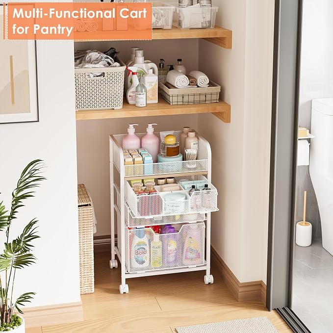 4-Tier Rolling Utility Cart with 3 Drawers-White Craft Organizers and Storage with DIY Dividers, Under Desk Cart with Lockable Wheels, Craft Cart Art Cart for Brushes Artifacts Patent Pending