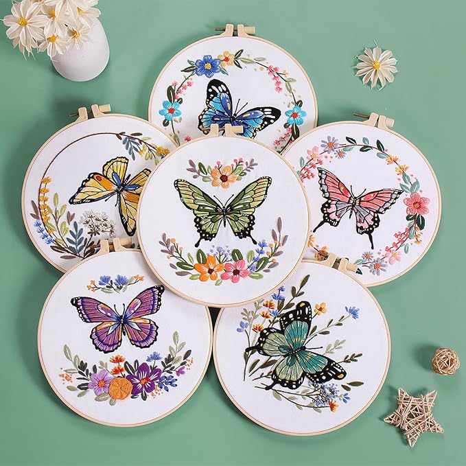 GLTAYLMY 3 Sets Butterfly Embroidery Starter Kit for Beginners Flower Stamped Cross Stitch Kits with Instructions for Beginners Adults Include Embroidery Hoop Threads and Needles