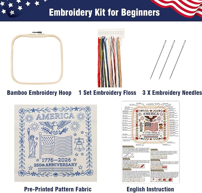 US 250th Anniversary Embroidery Kit, Patriotic Embroidery Kits for Beginner
