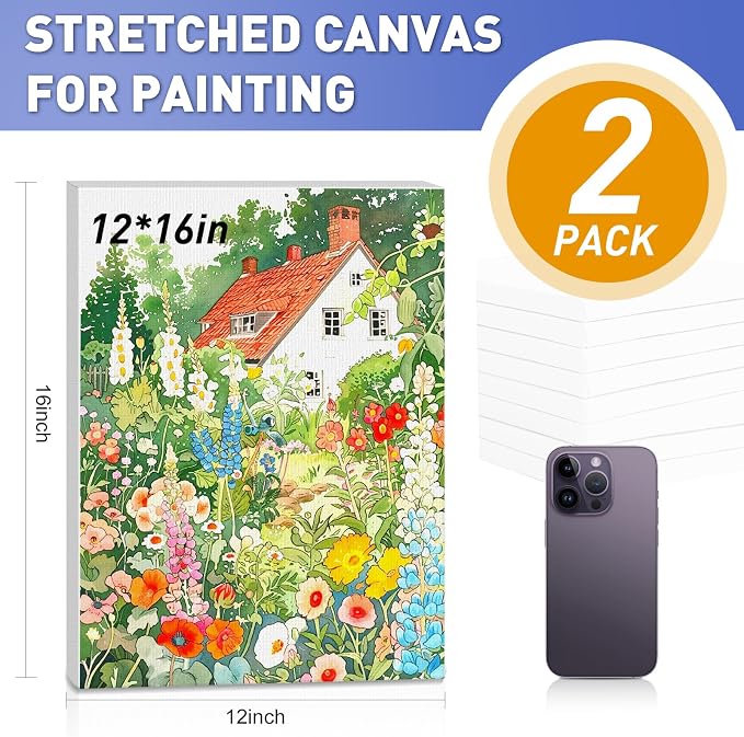 ESRICH Stretched Canvas for Painting 12x16 Inch, 2 Pack Blank Canvas -5/8 in Profile Primed Cotton White Canvases for Painting for Oil & Acrylic Paint
