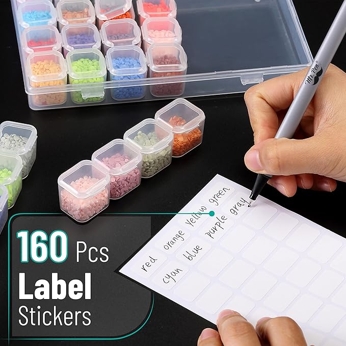 Mr. Pen- Bead Storage Containers, 28 Grids, 2 Pack, Clear White | 160pcs Label Stickers, Transparent, Small Bead Organizer Box, Diamond Art, Diamond Painting Organizer