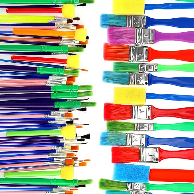 Lincia 150pcs All Purpose Paint Brush Set Bulk for Acrylic and Washable Paints, Easy to Clean and Hold, Round and Flat Kids Brushes, Great with Watercolors