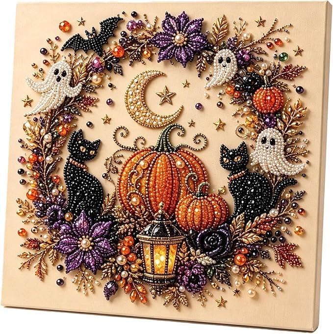 Halloween Ghost Pearl Art DIY Kit, Pearl Painting Kits for Adults, Pearls Diamond Art, Spooky-Cute Design, Fall Home Decor, Wall Art, Adults Craft Kit, 3D DIY Pearl Painting (Pumpkin Cat)