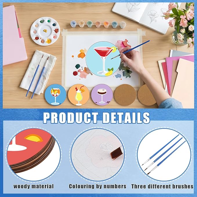 8 Pack Drinks Paint by Numbers Kits Coasters with Holder Cork Pads | Cocktail Paint by Number Kits for Adult Simple Round Oil Painting Coaster for Small DIY Craft Holiday Birthday Gift 3.9x3.9in