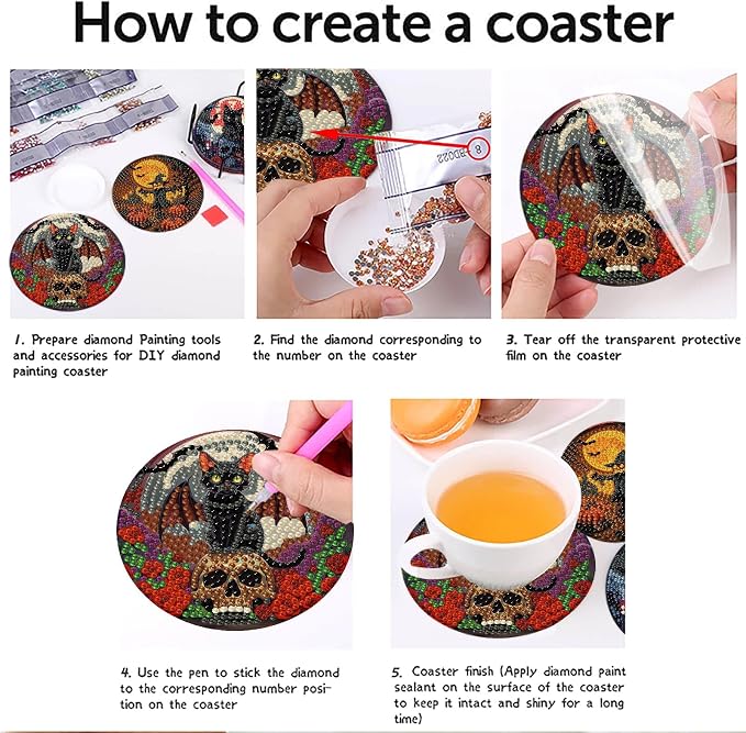 askkqtx 8 Pcs Halloween Diamond Art Coasters Kits with Holder 4X4 Inch