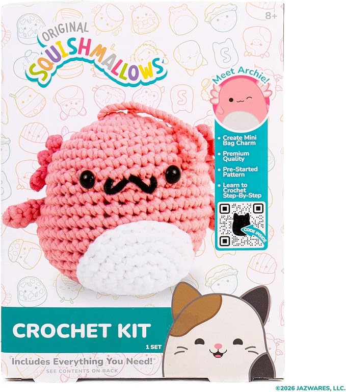 Original Squishmallows™ Crochet Kit – Archie Bag Charm, Axolotl Crochet Kit for Beginners with Yarn, Starter Hooks, Step-by-Step Tutorials, DIY Craft, Great Teen Gifts