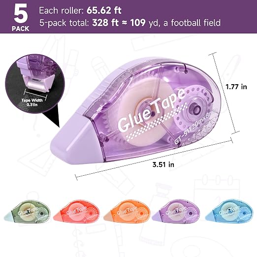 Upgrade 3X Longer Glue Tape, 5-Pack Total 109 Yards, Photo-Safe Acid-Free Double Sided Tape for Crafts, Scrapbook and Junk Journal Supplies (0.31 in × 65.62 ft, Multicolor)