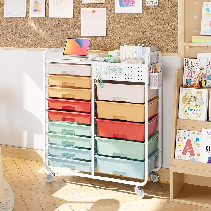 14 Drawer Rolling Storage Cart with Tabletop and Pegboard for Craft Color | Easy Setup, Large Capacity, Sturdy Build, Smooth Mobility, For classroom, office and dorm supplies
