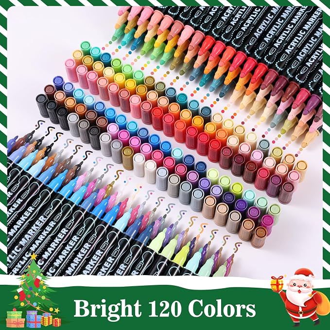 120 Colors Precision Dual Tip Acrylic Paint Markers Pens - Dot & Fine | Works on Rock, Wood, Fabric, Canvas, Glass, Scrapbook, Paper, Ceramic, Egg, DIY Craft Art Gift - Classroom & School Supplies