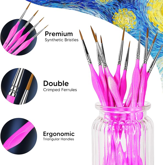 10Pcs Miniature Detail Paint Brushes Triangular Wood Handle Set | Tiny tips for acrylic, oil & watercolor, for paint-by-number, models, figurines, face paint, crafts & adult drawing, Magenta
