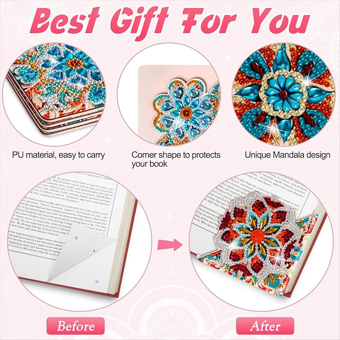 WIVICO 4Pcs Diamond Painting Bookmarks, Diamond Pearl Art Kits for Adults | DIY Diamond Dots Paint By Numbers Kit,Gifts for Book Lovers(Mandala C)