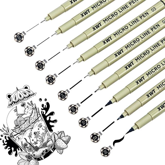 9 Size Micro Fineliner Pens Set | Ultra Fine Fineliner, Soft Nib, Brush Marker, Water-based Pigment Ink, Drawing Journaling Supplies for Artists, Designers