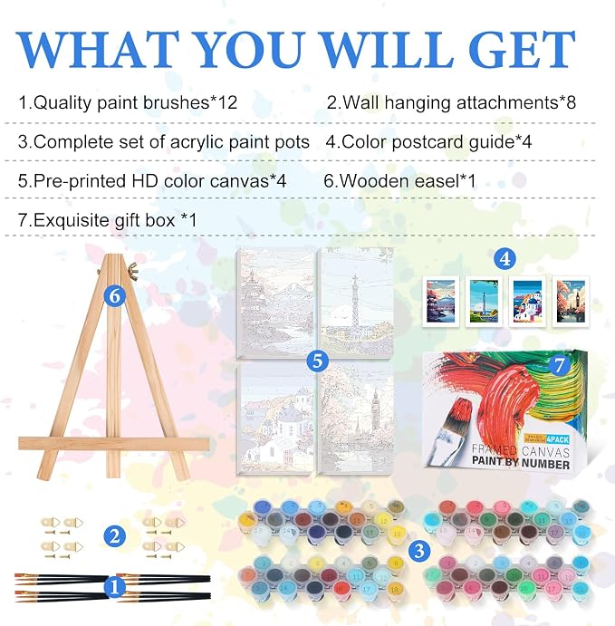 4 Pack Framed Paint by Numbers Kit for Adults with Wooden Easel, Landscape Paint by Number Kits with Frame, Acrylic Watercolor Adult Paint by Number Kits on Canvas Framed for Home Decor 8x12 Inch
