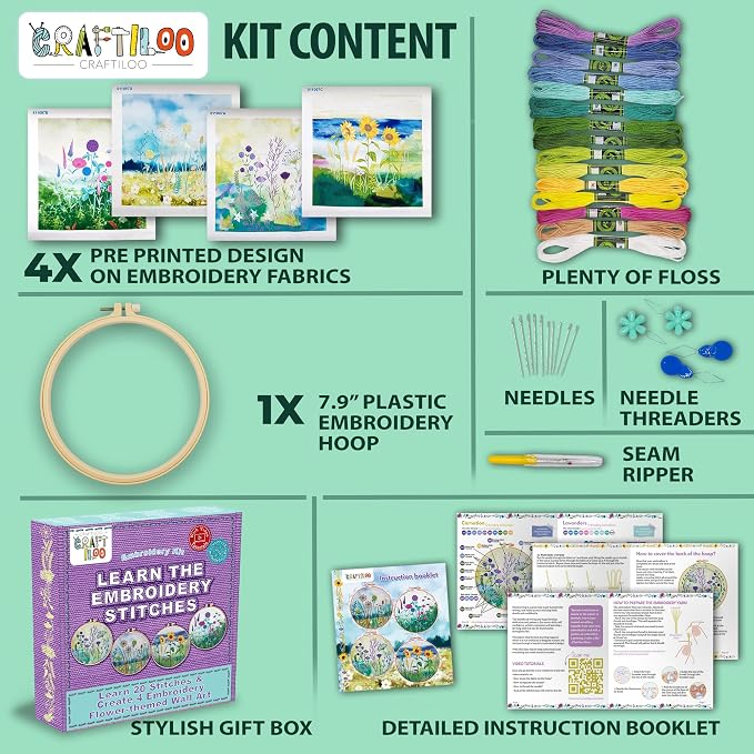 Embroidery Kit for Beginners Adults - 4 Floral Patterns, Learn 17 Stitches