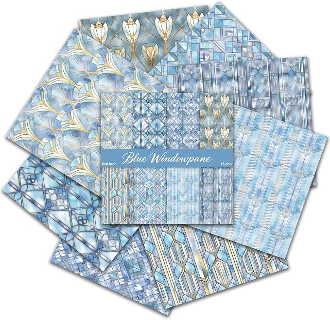 PRSTINCOL Scrapbook Paper,16 Sheets 6 x 6 Inch Blue Windowpane Style Scrapbook Supplies,Single-Sided Vivid Origami Decoupage Paper for DIY Crafts, Card Making, Art Journaling