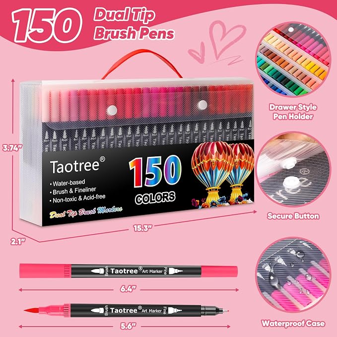 Taotree 150 Colors Dual Tip Art Markers Pens Set for Adult Coloring Books | Artist Fine & Brush Tip Coloring Markers Drawing Pens for Journaling Note Taking Lettering Calligraphy Craft Art Supplies Set