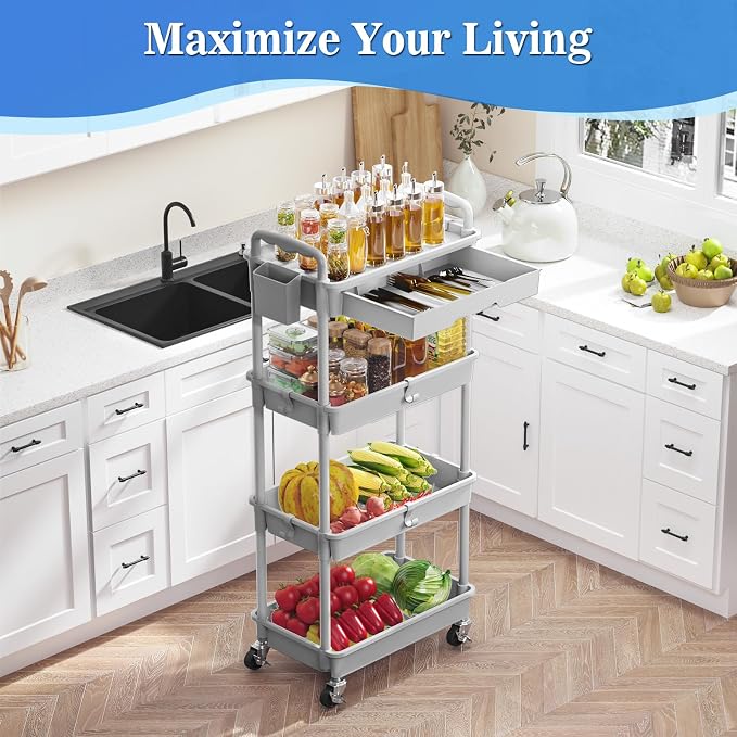 SUNALLY 4 Tier Rolling Cart with Drawer, Craft Storage Cart Organizer, Gray