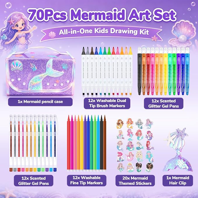 DreamyCandy 70 Pcs Washable Markers Set for Kids 4-8, Mermaid Art Set Gifts