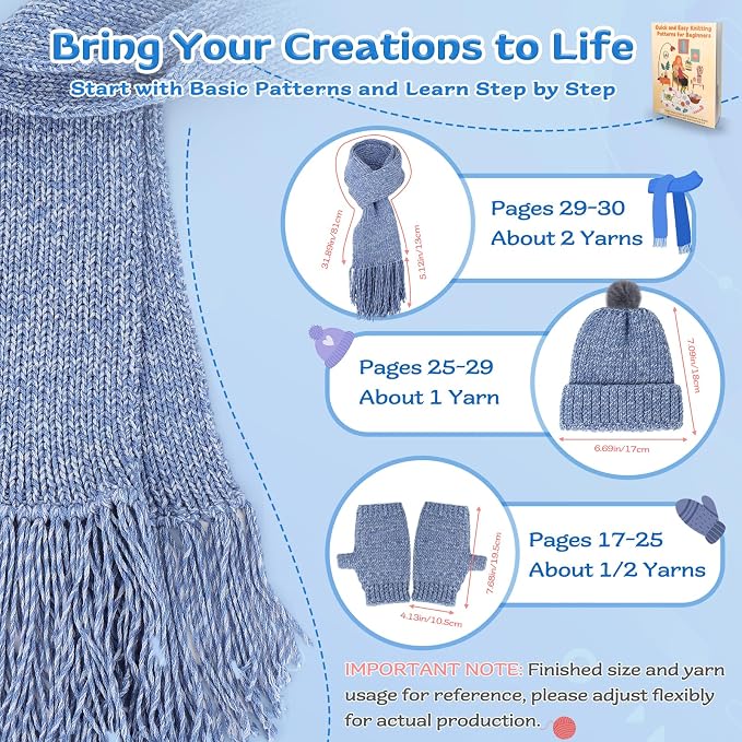 Coopay Knitting Kit for Beginners, Hat Scarf Glove Knitting Kit w/Guide | Learn to Knit Hat Scarf Glove, Knitting Starter Kit for Adults w/ 6pcs Yarn, w/Step-by-Step Tutorial, 4PCS Knitting Needles