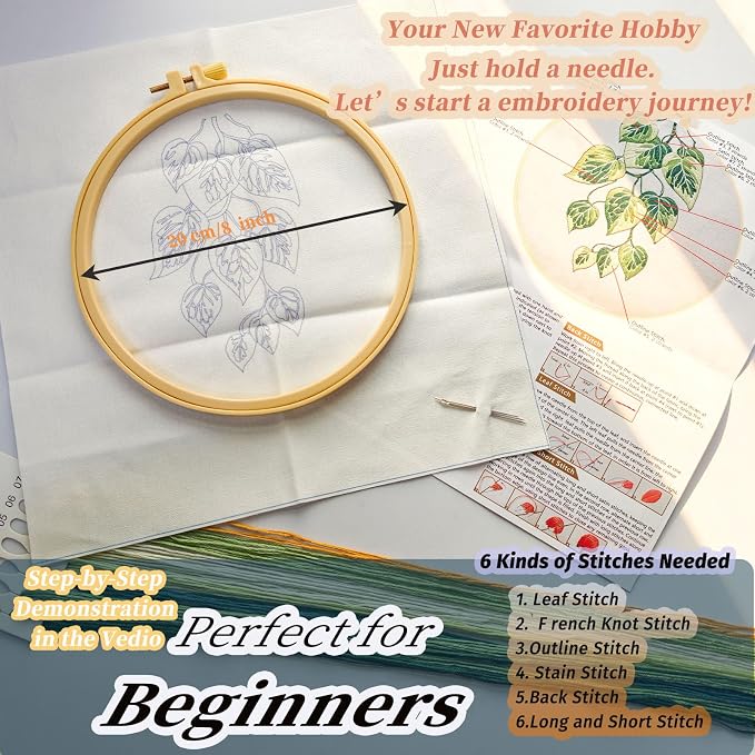FONNUY Green Plants Embroidery Kit, Cross Stitch Kits for Beginners, Handmade Crafts with Printed Patterns for Beginner Adults, Easy to Follow Color Thread Needlework, 8'' Hoop (Drooping Leaves)