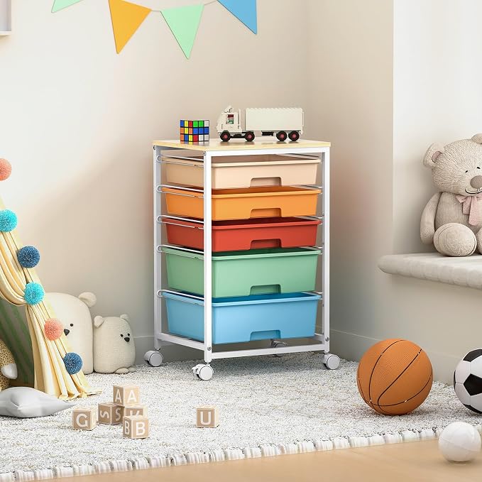 SYKIARIOL Utility Cart with Drawers,5 Drawers Storage Cart,Macaron | 5-Tiers Storage Cart with Drawers with Lockable Wheels for Craft Organizers and Storage,Home Office,Classroom,Dorm,Playroom