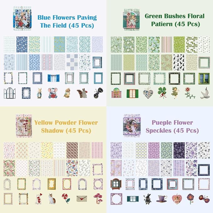 180 Pcs Floral Scrapbooking Paper & Animal Stickers, Embossed Scrapbook Window Frames, 4 Packs Junk Journal Scrapbooking Supplies Kit for Journaling, Embellishments, Card