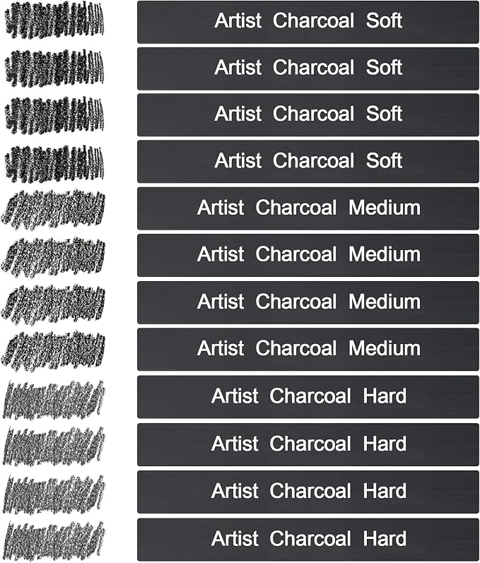 12 Pack Compressed Charcoal Sticks, Vine Charcoal Stick for Drawing, Sketching, Shading, Art Supplies Sketch Kits Tools Soft, Medium and Hard Grade