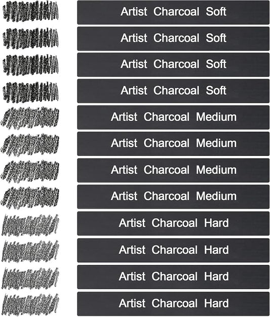 12 Pack Compressed Charcoal Sticks, Vine Charcoal Stick for Drawing, Sketching, Shading, Art Supplies Sketch Kits Tools Soft, Medium and Hard Grade